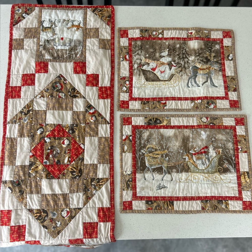 Handmade Quilted Christmas Table Runner And Placemats Bundle Winter Scene